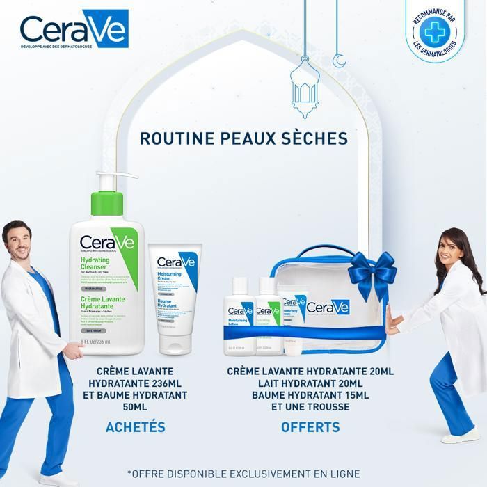 Pack CeraVe Peaux Sèche : Crème Lavante Hydratante 236 ml +Baume hydratant 50ml =Trousse + creme  20ml + lait 20ml + baume 15ml