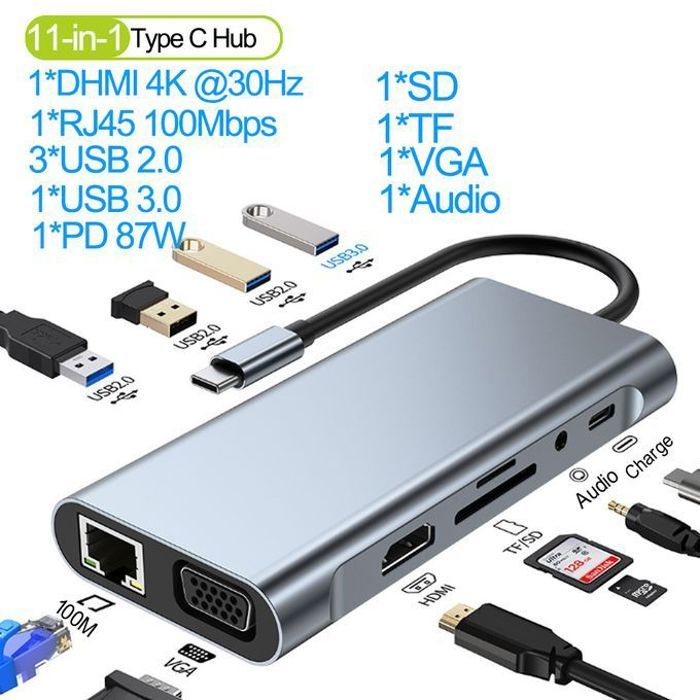 adaptateur USB C 11 en 1 HDMI 4K VGA PD de type C USB3.0 RJ45 SD/TF AUX 3,5 mm