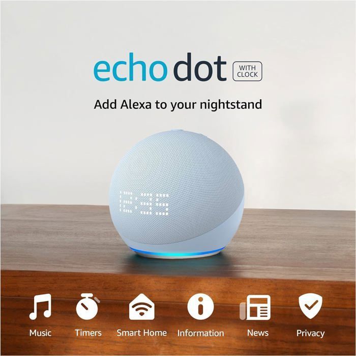 Amazon Echo Dot (5e génération) avec horloge | Haut-parleur intelligent compact avec Alexa et écran LED amélioré pour un aperçu de l