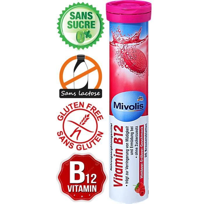 Vitamine B12 Sans gluten Sans lactose en comprimés effervescents aromatisés à la framboise et à la fraise, 82 g