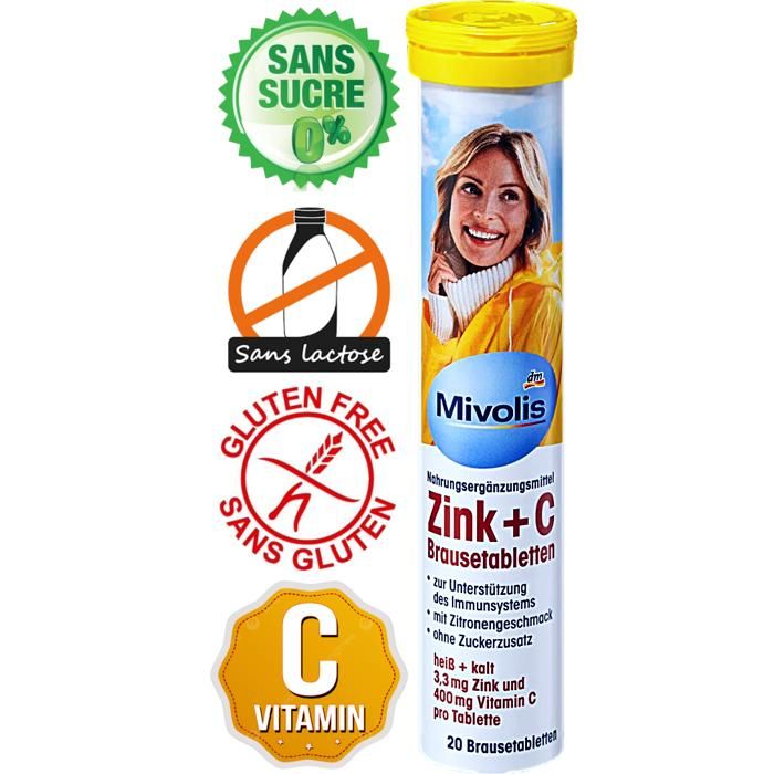 Comprimés effervescents Zinc + Vitamine C Sans gluten Sans lactose 20 pièces, 82 g