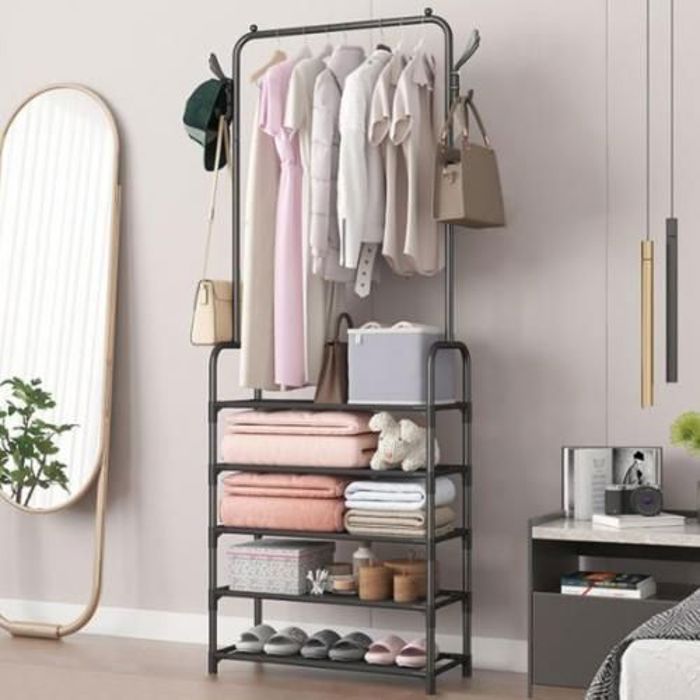 Porte-vêtements à Single pôle en Métal 5 étagères et 2 crochets