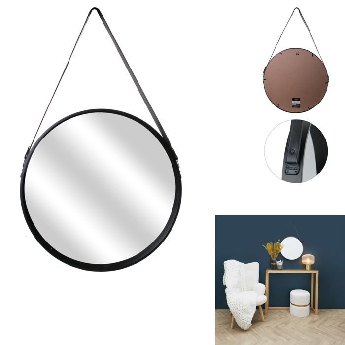 MIROIR ROND AVEC ANSE PU NOIR 50CM