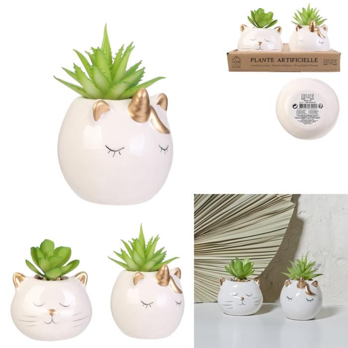 PLANTE ARTIFICIELLE CHAT ET LICORNE CERAMIQUE M16