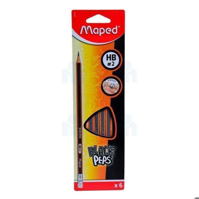 Crayons Triangulaires Graphite HB2 avec gomme Black'Peps x6 - MAPED