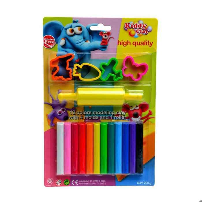 Baton pâte à modeler 12 couleurs + 4 moules + 1 rouleau - KIDDY CLAY