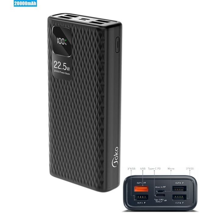 Joko Powerbank 20000 mAh rapide 22,5 W Type-C (22.5W)+Micro(22.5W) 5sorties 2 entrées A29Q