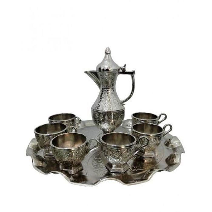 Plateau rond avec carafe et 6 verres d'eau Zemzem :28cm - Argenté
