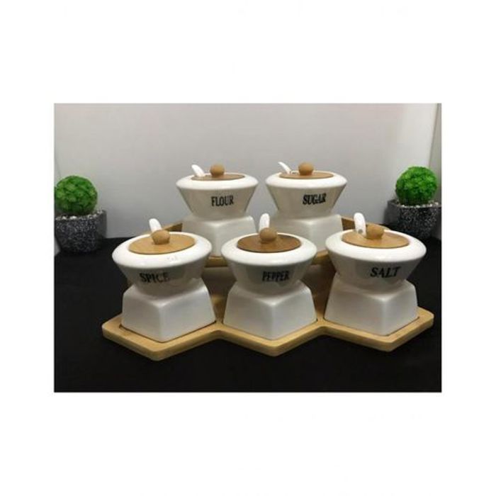 Set de 5 pots à épices en porcelaine avec plateau en Bois