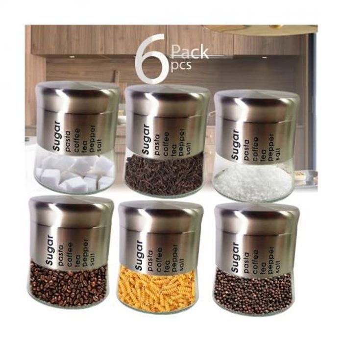 Set de 6pcs porte-épices de stockages en verre et métal-Argenté