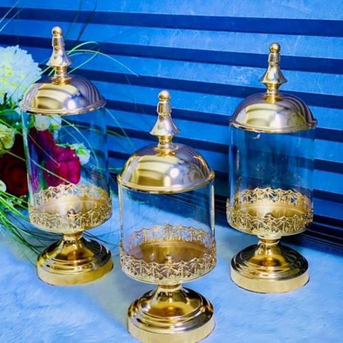 Set de 3 bonbonnière fer forger et verres Long-Doré