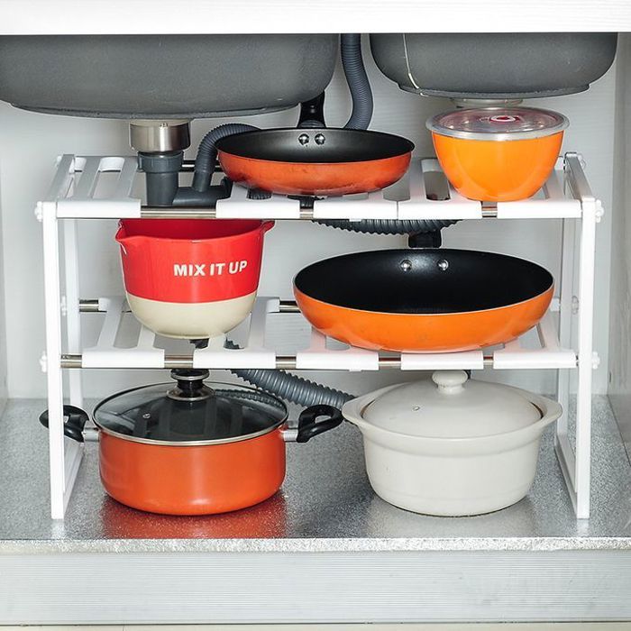 Étagère de Rangement Cuisine Sous Evier Organisateur Extensible Réglable Avec Panneaux Amovibles 2 Niveaux Rack Organisation