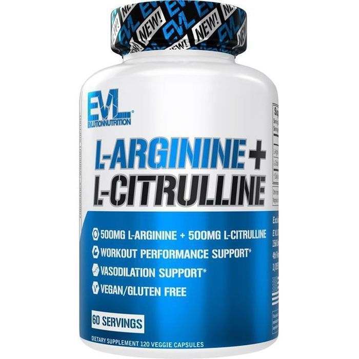 L-arginine + L-citrulline, 120 capsules végétales Fait par EVLution Nutrition