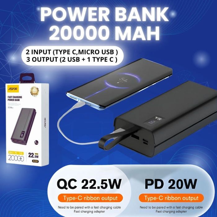 Powerbank Aspor 20000mAh NOIR, charge rapide 22,5W, LCD , 2 INPUT(TYPE C,MICRO USB) , 3 OUTPUT ( 2USB+1 TYPE C ) A336