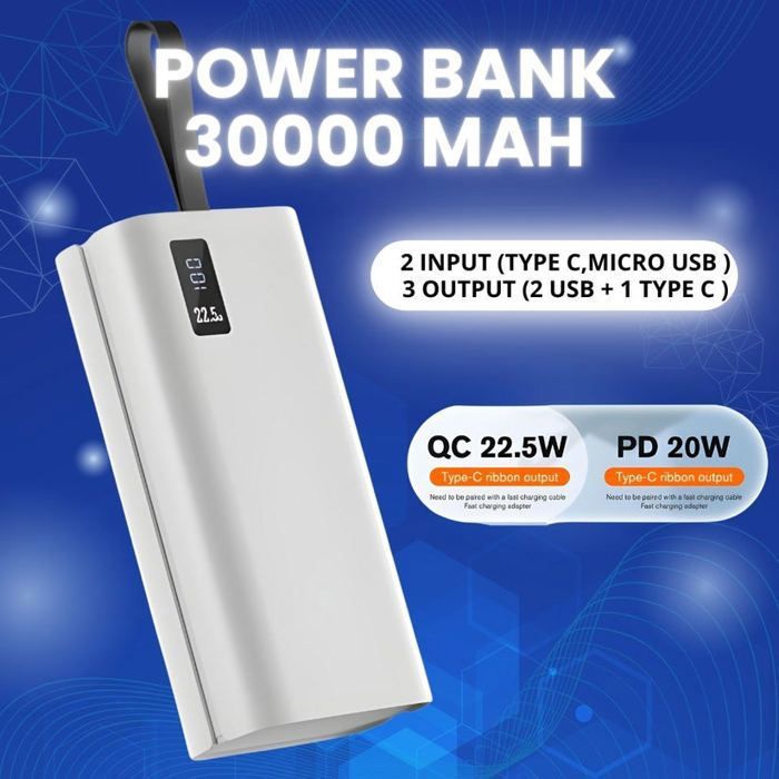 Powerbank 30000mAh, charge rapide 22,5W, LCD , 2 INPUT(TYPE C,MICRO USB) , 3 OUTPUT ( 2USB+1 TYPE C ) A337