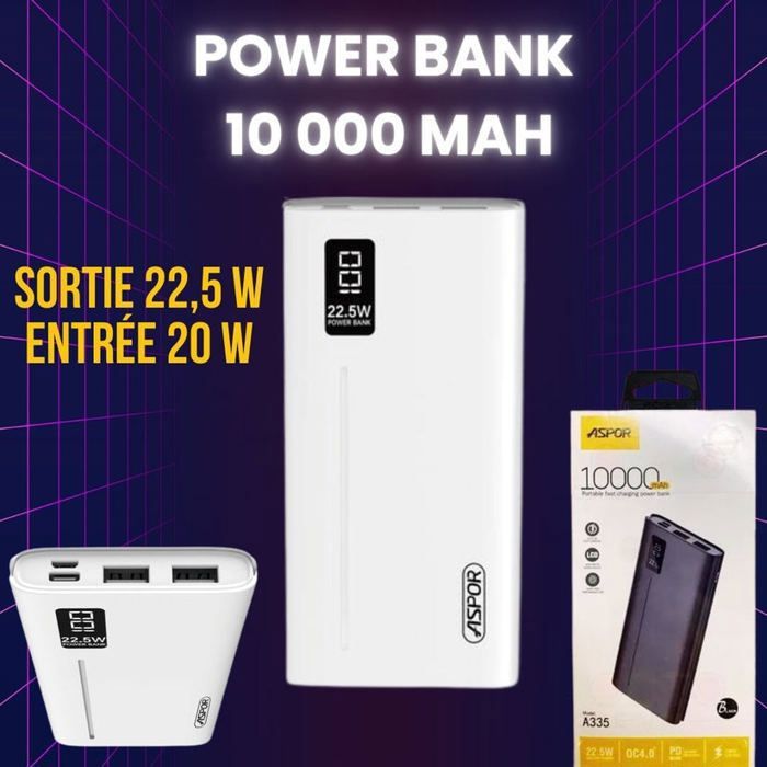 PowerBank 10000 mAh BLANC, charge rapide, sortie 22,5 W, entrée 20 W,2 INPUT(TYPE C,MICRO) , 3 OUTPUT (2USB+1TYPE C )