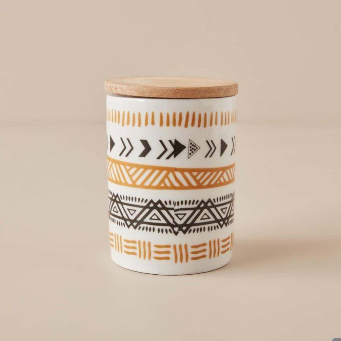 Pot en porcelaine - Scania - Noir-Moutarde - 550 ml - Motif tribal - Couvercle en bois