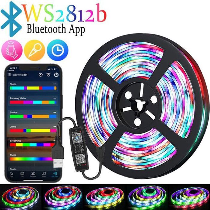 Bande lumière, RGBIC WS2812B DC5V 3M LED Fantôme Bluetooth APP Lumière Décoration