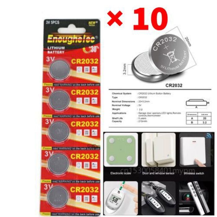 Pile bouton, Pack de 10 piles au lithium CR2032. Certifié CE Piles de haute qualité pour télécommande voiture, glucomètre, montre...