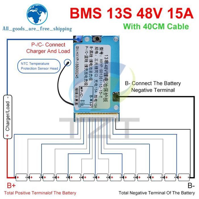 Carte de protection de batterie au lithium, compteur d'équilibre dans la carte de circuit imprimé,BMS 13S 48V 15A Left-Negative Port