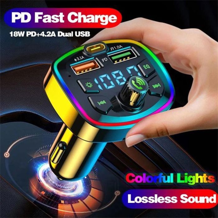 Transmetteur FM de voiture compatible Bluetooth 5.0 PD 18W type-c double USB 4.2A, chargeur rapide,