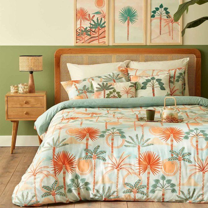 Parure de lit double Safari abstrait 100 % coton satiné Vert (200 x 220 cm)