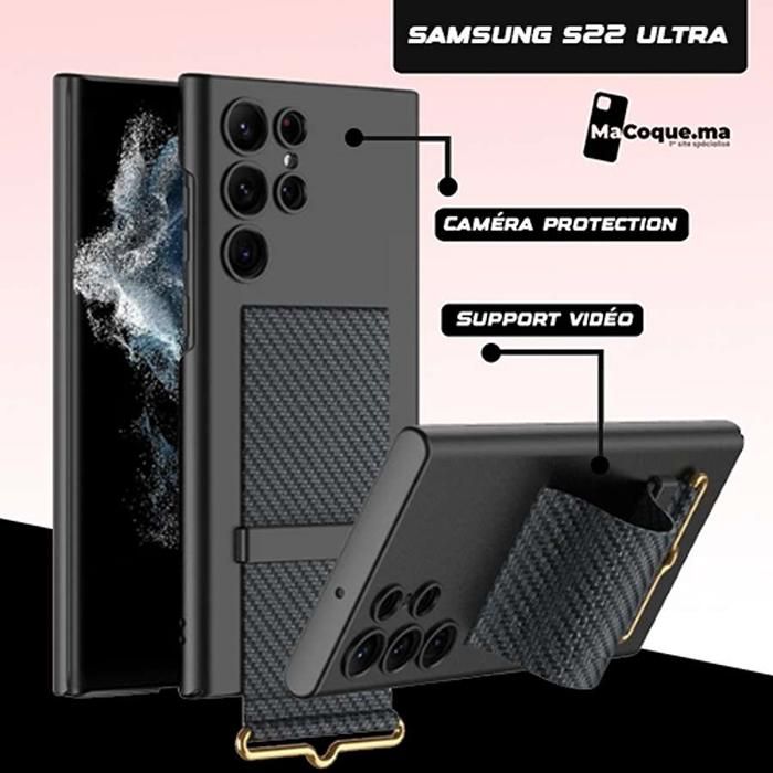 CARBONDragonne Coque Samsung S22 Ultra Bracelet Elastique Béquille UltraMince