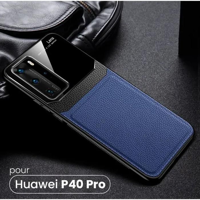 Huawei P40 Pro Etui Cuir Bleu Coque Antichoc Pochette Plexiglass Cadeau