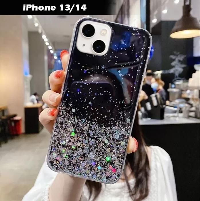 Pochette iPhone 13/14 Normal Transparente, Scintillante,&amp; Brillante Couleur Noir