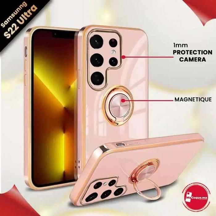 Coque Samsung S22 Ultra GOLD Brillant Magnétique avec Ring 360° Rose Light