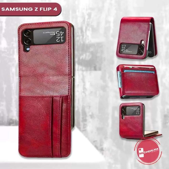 Coque Samsung Z Flip 4 En Cuir Rouge Etui Portefeuille / Porte Carte