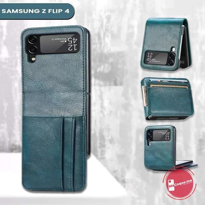 Coque Samsung Z Flip 4 En Cuir Bleu Etui Portefeuille / Porte Carte
