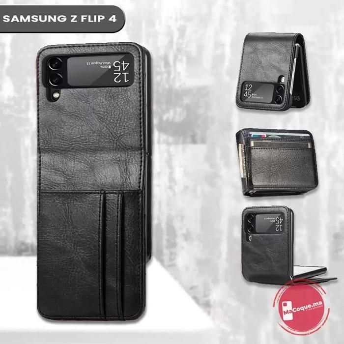 Coque Samsung Z Flip 4 En Cuir Noir Etui Portefeuille / Porte Carte