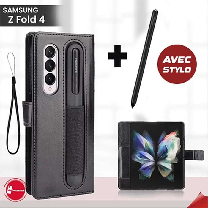 Pochette Samsung Z FOLD 4 en Cuir Noir avec Stylo Coque Antichoc