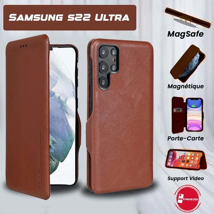Coque Flip Cover Samsung S22 Ultra en Cuir Marron Coque Antichoc