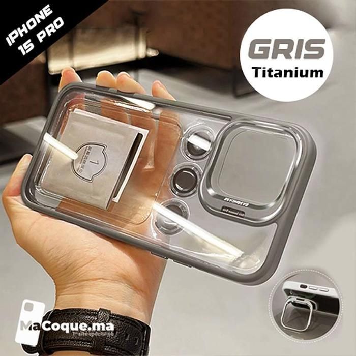 GRIS TITANIUM Coque iPhone 15 Pro Invisible Support Vidéo LENS Caméra