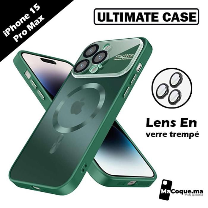 VERT Coque iPhone 15 Pro Max "ULTIMATE CASE" /LENS Protector En verre Trempé/Magnétique/Magsafe/Filtre Poussière.