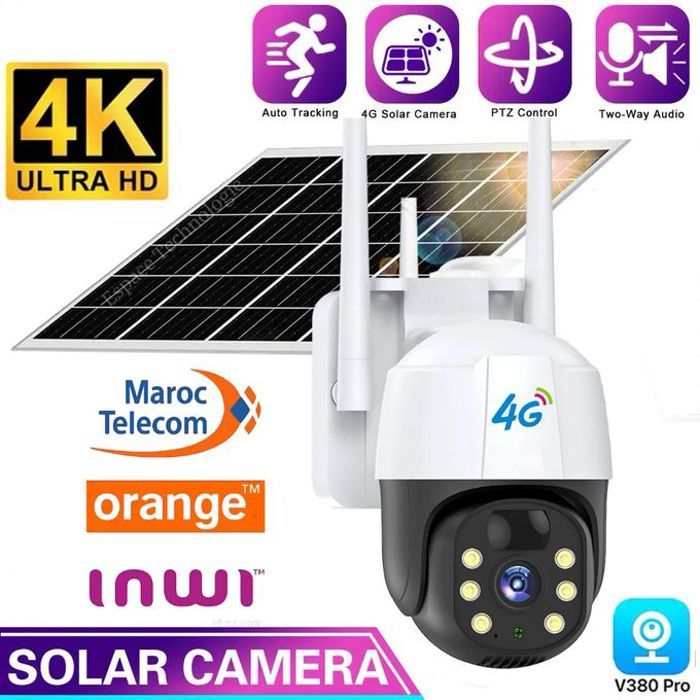 Caméra de sécurité à énergie solaire 4G, vision nocturne à 360 degrés et capteur de mouvement 1080P