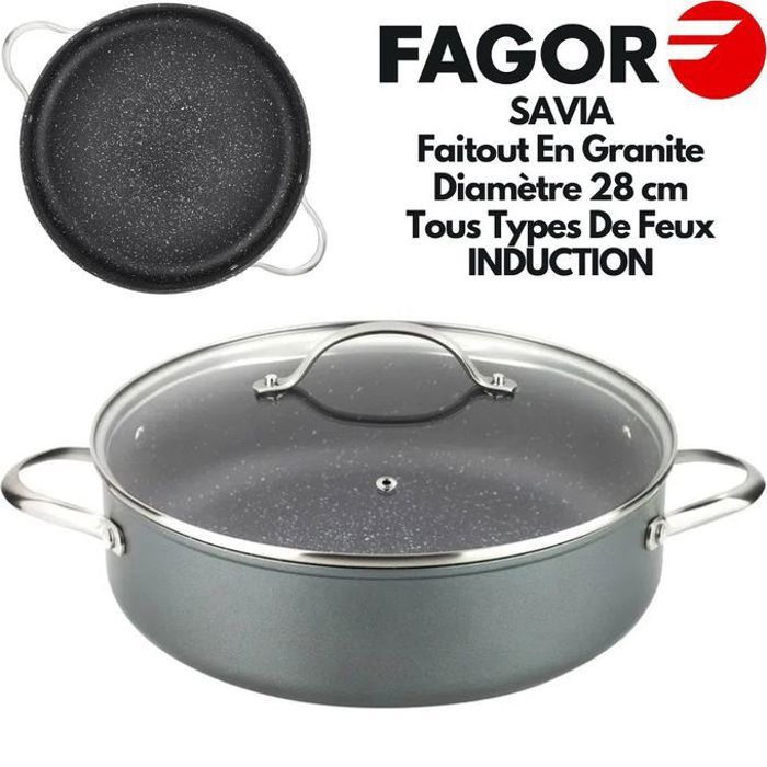 Fagor SAVIA 28 Faitout En Granite, Diamètre 28 cm, Avec couvercle En Verre, Marmite En Aluminium Forgé