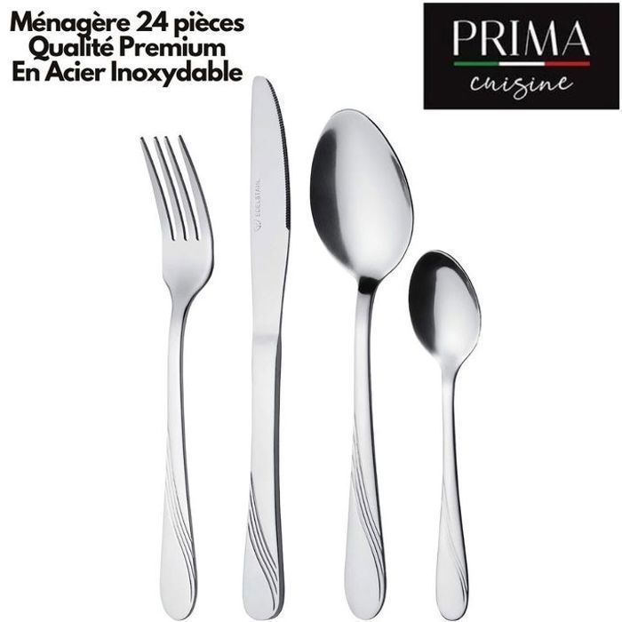 PRIMA Couverts De Table, Set 24 Pièces, Matériau INOX, Qualité Premium, Ménagère En Acier Inoxydable