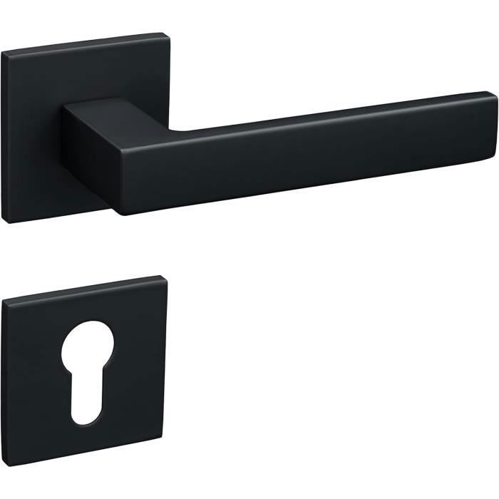 Poignées de porte Noir Mat - rosace carré - Trou cylindre (canon)