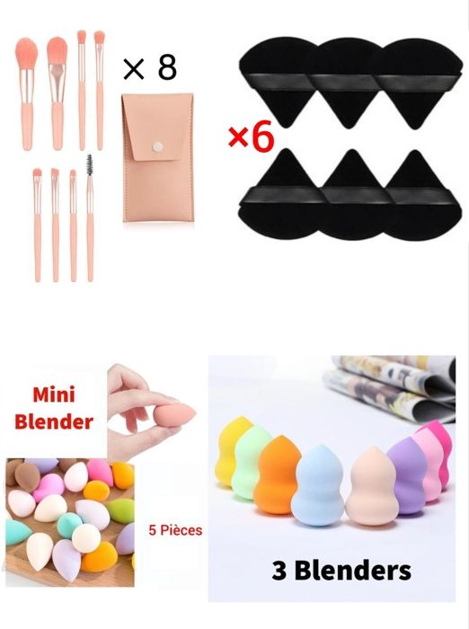 Pack outils de maquillage,8 Pinceaux de maquillage et  6 Houpettes et 3 Blenders plus 5 mini éponges Couleurs aléatoires.
