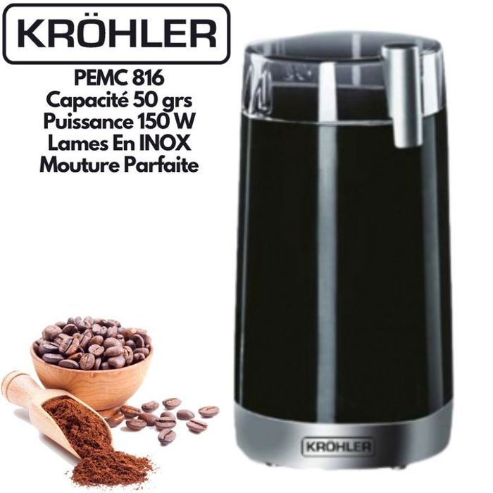 KRÖHLER PEMC 816 Moulin À Café Et Epices En INOX 50 grs Moteur Très Puissant 150W Pour Mouture Parfaite