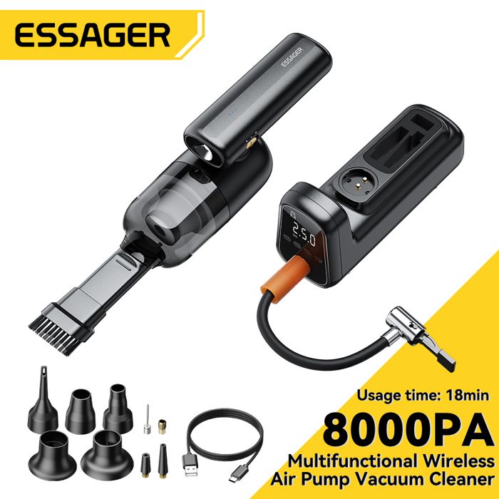 5 en 1 Aspirateur à pompe gonfleur pneu d'air 8000PA sans fil multifonction géocentrique ESSAGER (boîte de couleur)