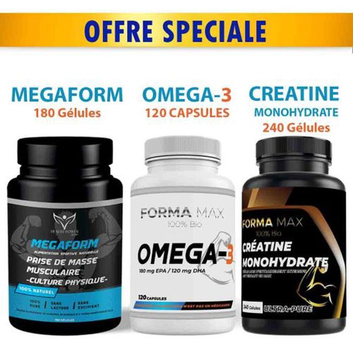 PACK = MEGAFORM 180 GELULES + OMEGA 3 120 capsules + Créatine Monohydrate 240 Gélules