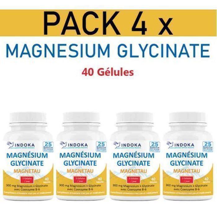 Pack 4 x boites de Magnésium Glycinate Magnetau 40 Gélules 300 mg