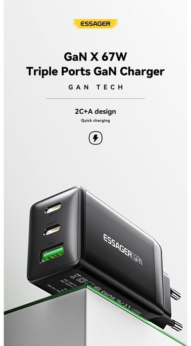 ESSAGER Chargeur rapide 67W GaN 2C+A 67W GaN USB C Carica batterie Quick Charge 65W QC4.0 PD 3.0 PD pour iPhone 14 Pro Max Mini iPad