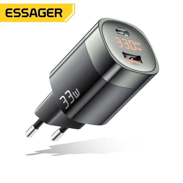 ESSAGER Mini chargeur de charge rapide Type-C 33W GaN + Port durable USB-A pour iPhone 14 Pro Max Mini iPad Xiaomi Samsung
