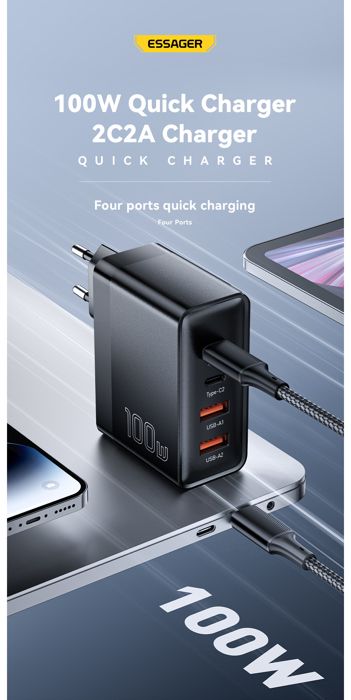 ESSAGER chargeur 100W GaN USB Type C batterie de voiture PD QC Charge rapide 4.0 3.0 Type C Rapida pour Xiaomi iPhone iPad