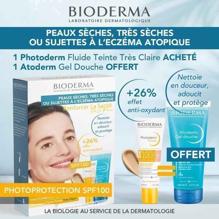 Pack Bioderma :  Photoderm fluide teinté très clair SPF100 40 ml + Atoderm GEL offert 100 ml offert